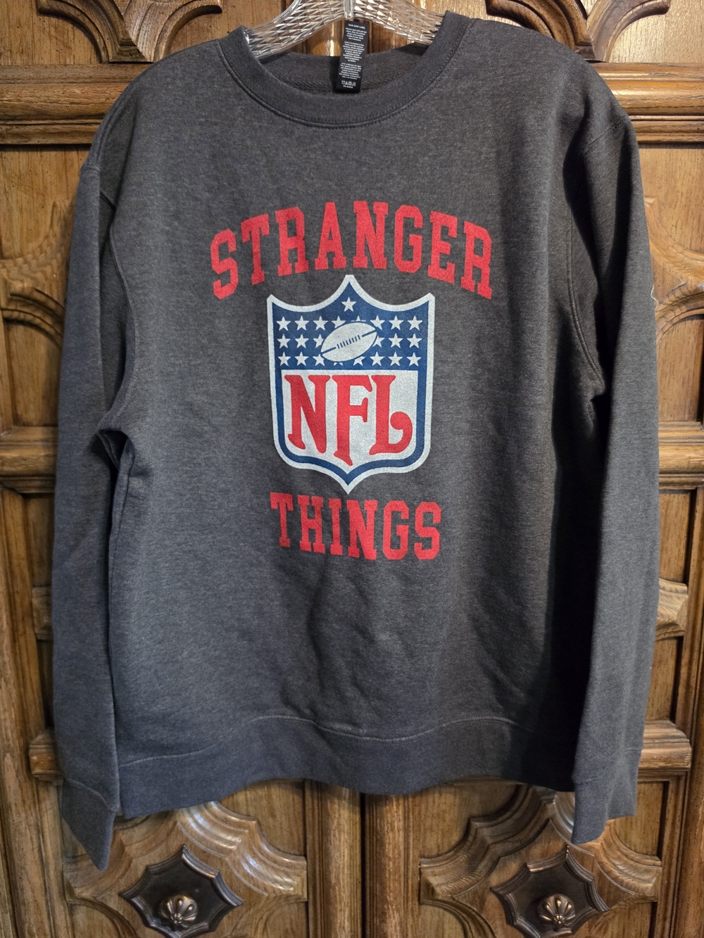 Charcoal Gray Stranger Things x NFL Crewneck Sweatshirt - Red & Blue Logo